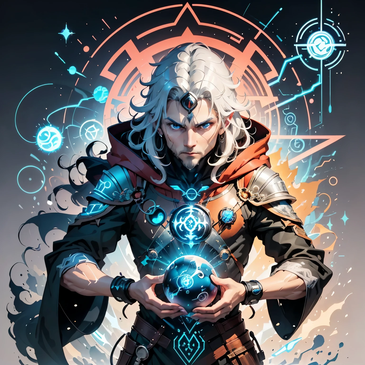  A wizard stylized in a vector design of fine lines,  wearing a cover with circuit patterns and discreet runes .  It holds a digital sphere that shines with energy lines ,  and mystical and technological symbols hang around .  The print is in shades of gray and soft blue , maintaining an adhesive and clean appearance .