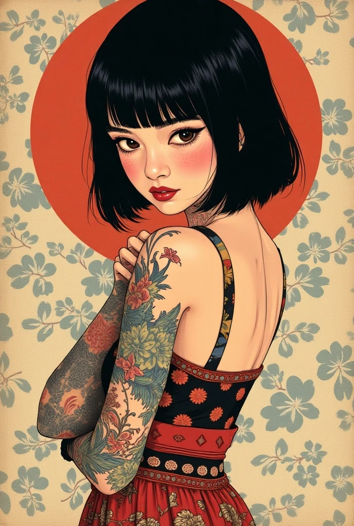 A beautiful illustration of an Asian girl with tattoos, short black hair and bangs, wearing earrings and dark , in the style of anime, with tattoos on her neck and shoulders, a full body portrait, delicate facial features, light background, ink painting style, flat color, high definition., (art inspired by Bill Sienkiewicz).
