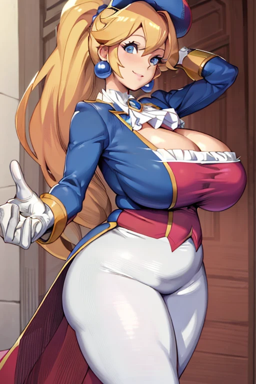 ((masterpiece,Best Quality)), Absurd, Gladiator_peach, Alone,  1 girl, ,Super huge bust、Huge breasts、((Fat Big Breasts :1.5))、 ((  long saggy chest ))、 Big cleavage , （ bulging areolas）,Have,  blond hair,  blue eyes ,  JEWELRY,  earrings for a woman alone, Long Hair, Rapier, Have feather, pants,  ascot , Red Rose, Have flower,  ponytail, white pants, White gloves, boots,  blue jacket ,  long sleeve , smile, looking at viewer,  cowboy shot,  Cinematic composition,