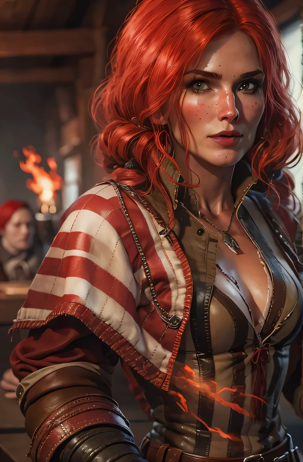  Portrait of Triss with fire from her hands ,  dressed in a red and white striped sweater and leather coat, in the tavern,  red hair, hot look  