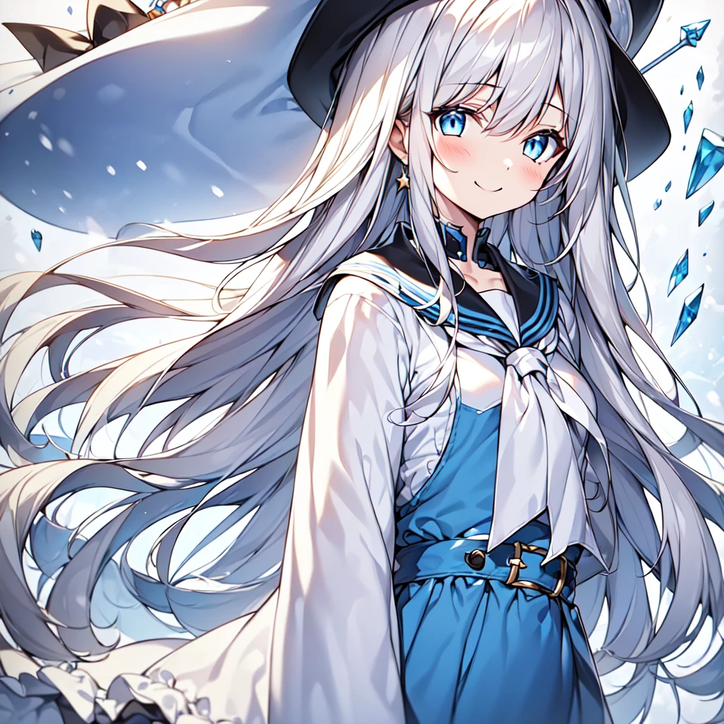 1girl,Handsome face、 best detail 、、 absurd、Mysterious、((( perfect anatomy、The best composition、Best Quality, masterpiece, HHD、8K Official Wallpaper , Super detailed、3Ⅾ))),Thin Line Hair 、Milky white hair color、 high definition、 absurdな, lens flare ,(White Theme:1.1),(Halftone:1.2), Dynamic Angle, depth of field , (White background:1.2), (Broken Clear Glass :1.1), Glass Flag ,Transparent Quartz,gothic,  BREAK Details Beautiful Girl ,Cute,(smile:1.1),Silky Hair,blue eyes, flat chest, upper body, Face Focus , watching viewers in the winter mountains ,(dowl hunting casket hat:1.1),Ribbon trim,( Blue Frilled Dress :1.2),Floating Hair,universe、star、流star群、Aurora、diamond、Simple Background、 chr457m45m3rg3d0nmn3m1c neon symmetry!! Halo 2 、fanxing、sailor's sailor uniform、