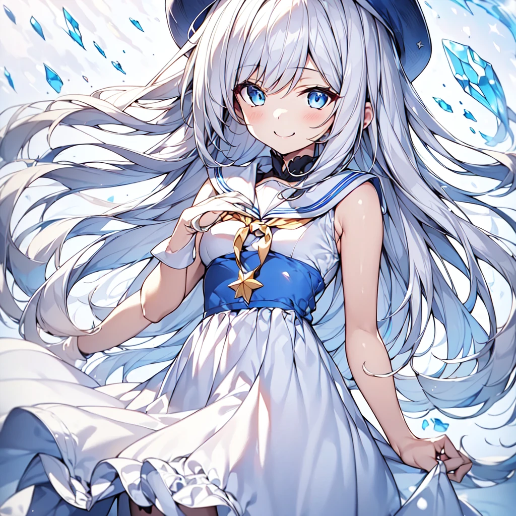 1girl,Handsome face、 best detail 、Baby Face、 absurd、Mysterious、((( perfect anatomy、The best composition、Best Quality, masterpiece, HHD、8K Official Wallpaper , Super detailed、3Ⅾ))),Thin Line Hair 、Milky white hair color、 high definition、 absurdな, lens flare ,(White Theme:1.1),(Halftone:1.2), Dynamic Angle, depth of field , (White background:1.2), (Broken Clear Glass :1.1), Glass Flag ,Transparent Quartz,gothic,  BREAK Details Beautiful Girl ,Cute,(smile:1.1),Silky Hair,blue eyes, flat chest, upper body, Face Focus , watching viewers in the winter mountains ,(dowl hunting casket hat:1.1),Ribbon trim,( Blue Frilled Dress :1.2),Floating Hair,universe、star、流star群、Aurora、diamond、Simple Background、 chr457m45m3rg3d0nmn3m1c neon symmetry!! Halo 2 、fanxing、sailor's sailor uniform、