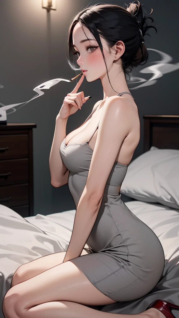 ((masterpiece, highest quality, realistic, ultra detailed depictions artwork, incredibly absurdres, realistic, Photoreal, sharp focus, 4k,8k, Rentia )), (Face_to_below_knee:1.35), wide shot, cowboy shot, solo, beautiful female, 21years old, (((A beautiful girl is smoking while sitting on a bed in a dark room, perfect anatomy, perfect depiction of fingers))), ((from side:1.2)), captivating body, sexy butt, medium seductive breasts, ((slender beautiful body shape)), (((grey Long tight dongtan dress, cleavage))), detailed sharp eyes, brown eyes, (((sleek bangs:1.3, small folded ponytail, beautiful black hair))), (soft skin, fair skin, detailed textured skin), seductive smile, (blush:1.3), high color saturation, high contrast, dark room, (dark:1.37) Photographing a sexy beautiful girl, dark room background with windows less,