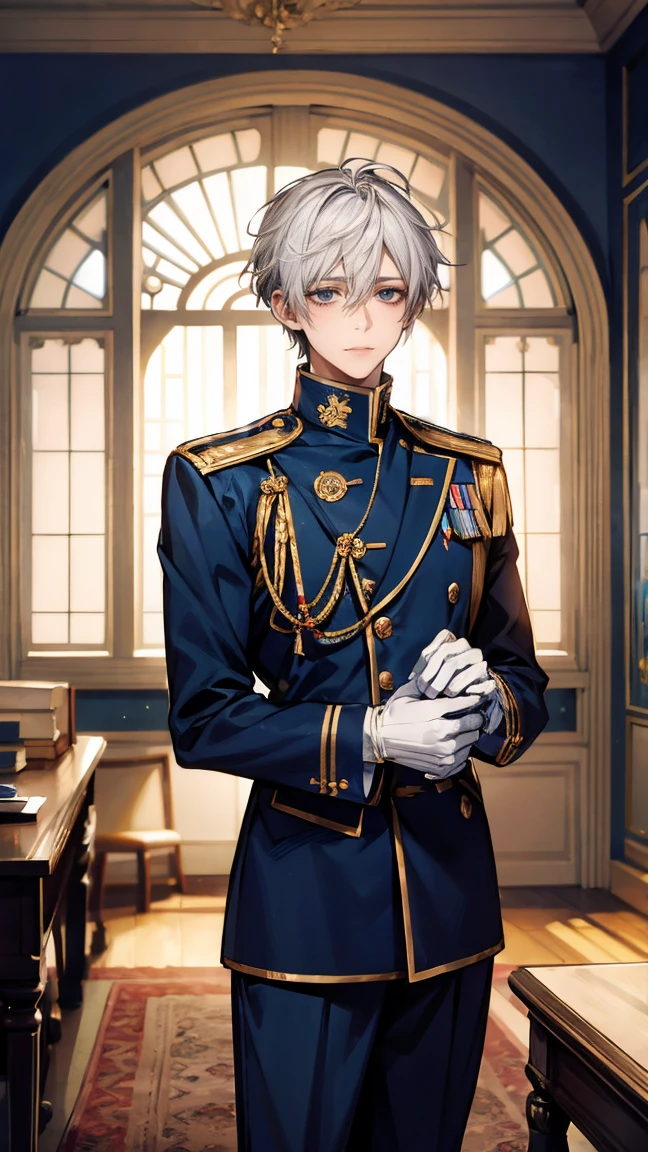 Young man、 full body、４ｋ、 Highest quality , Excellent details,  ultra high resolution,  anime-like ,  best illustration,Tall、  Short Silver Hair（The bangs are parted in the center）、Hair over the ears、Perfect looks、Navy uniform(The decoration is gold )、Chest Medal、White gloves、High、commander、Viceroy、 office、  standing by the window 