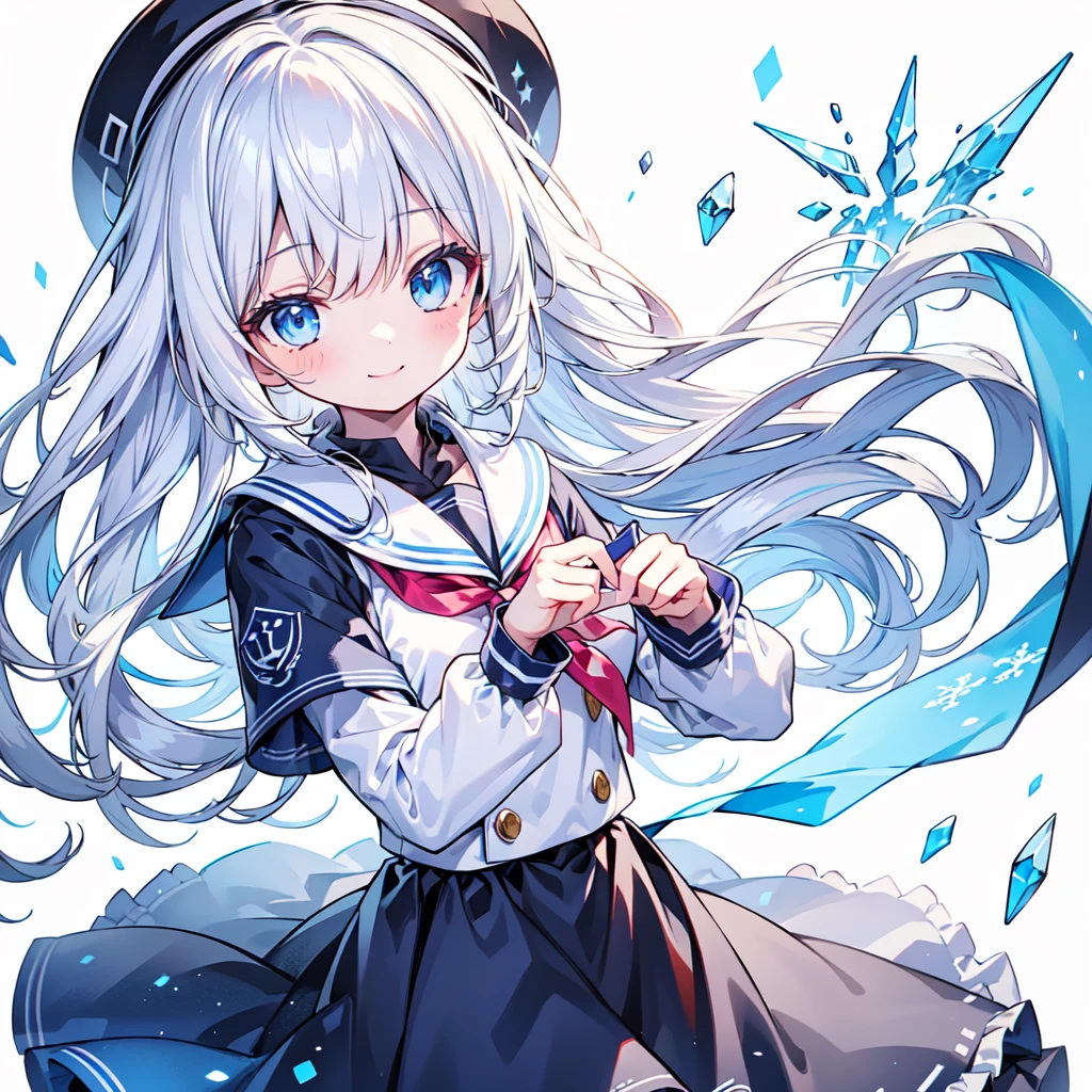 1girl,Handsome face、 best detail 、Baby Face、 absurd、Mysterious、((( perfect anatomy、The best composition、Best Quality, masterpiece, HHD、8K Official Wallpaper , Super detailed、3Ⅾ))),Thin Line Hair 、Milky white hair color、 high definition、 absurdな, lens flare ,(White Theme:1.1),(Halftone:1.2), Dynamic Angle, depth of field , (White background:1.2), (Broken Clear Glass :1.1), Glass Flag ,Transparent Quartz,gothic,  BREAK Details Beautiful Girl ,Cute,(smile:1.1),Silky Hair,blue eyes, flat chest, upper body, Face Focus , watching viewers in the winter mountains ,(dowl hunting casket hat:1.1),Ribbon trim,( Blue Frilled Dress :1.2),Floating Hair,universe、star、流star群、Aurora、diamond、Simple Background、 chr457m45m3rg3d0nmn3m1c neon symmetry!! Halo 2 、fanxing、sailor's sailor uniform、