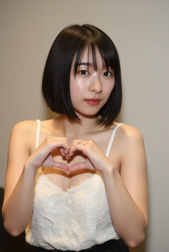 She is in a pose wearing a sexy camisole, making a firm big heart shape with both hands, and holding it in front of her chest, Cute smile up、Monotone background

