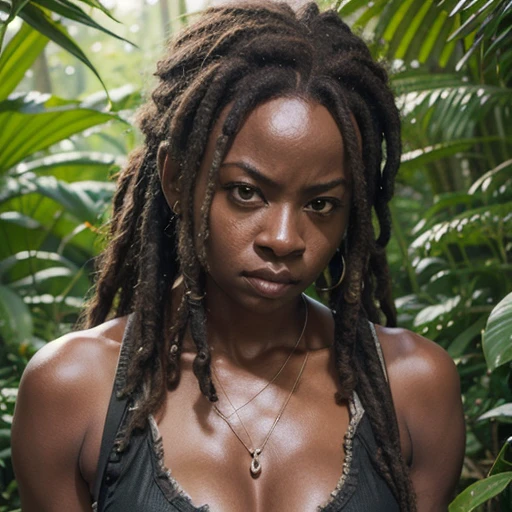 (masterpiece, best quality:1.2),  a girl, Alone, raw photo, realistic, detailed, Michonne, a black woman, is standing in a jungle. She has a lot of time, cabelo dreadlock , The photo should look like a movie poster and be in HD, 8k, and cinematographic, highly detailed.