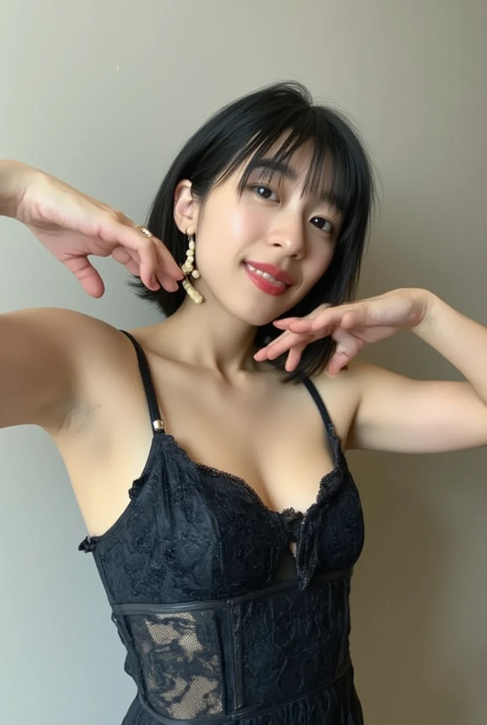 She is in a pose wearing a sexy camisole, making a firm big heart shape with both hands, and holding it in front of her chest, Cute smile up、Monotone background

