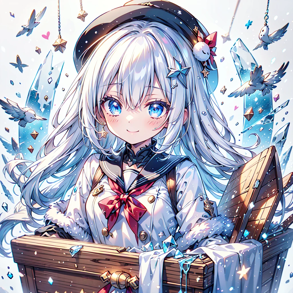 1girl,Handsome face、 best detail 、Baby Face、 absurd、Mysterious、((( perfect anatomy、The best composition、Best Quality, masterpiece, HHD、8K Official Wallpaper , Super detailed、3Ⅾ))),Thin Line Hair 、Milky white hair color、 high definition、 absurdな, lens flare ,(White Theme:1.1),(Halftone:1.2), Dynamic Angle, depth of field , (White background:1.2), (Broken Clear Glass :1.1), Glass Flag ,Transparent Quartz,gothic,  BREAK Details Beautiful Girl ,Cute,(smile:1.1),Silky Hair,blue eyes, flat chest, upper body, Face Focus , watching viewers in the winter mountains ,(dowl hunting casket hat:1.1),Ribbon trim,( Blue Frilled Dress :1.2),Floating Hair,universe、star、流star群、Aurora、diamond、Simple Background、 chr457m45m3rg3d0nmn3m1c neon symmetry!! Halo 2 、fanxing、sailor's sailor uniform、