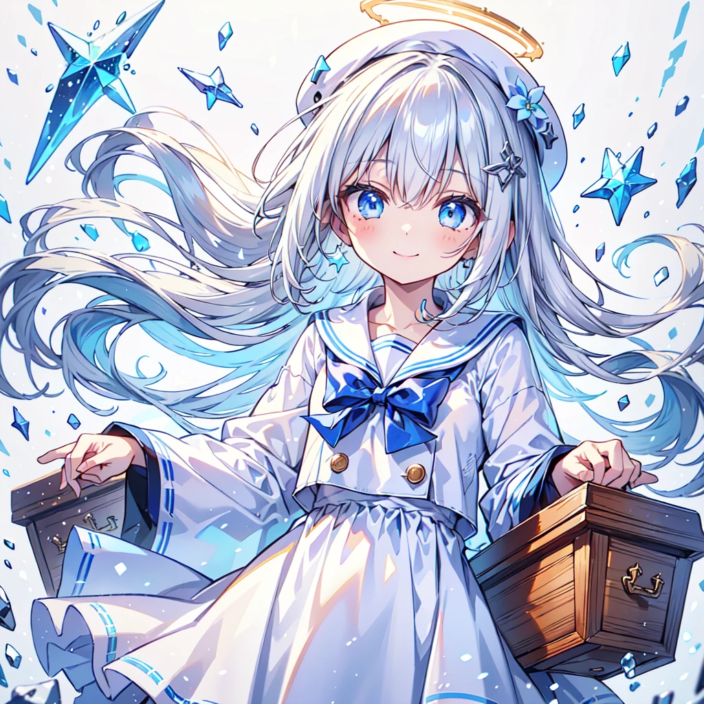 1girl,Handsome face、 best detail 、Baby Face、 absurd、Mysterious、((( perfect anatomy、The best composition、Best Quality, masterpiece, HHD、8K Official Wallpaper , Super detailed、3Ⅾ))),Thin Line Hair 、Milky white hair color、 high definition、 absurdな, lens flare ,(White Theme:1.1),(Halftone:1.2), Dynamic Angle, depth of field , (White background:1.2), (Broken Clear Glass :1.1), Glass Flag ,Transparent Quartz,gothic,  BREAK Details Beautiful Girl ,Cute,(smile:1.1),Silky Hair,blue eyes, flat chest, upper body, Face Focus , watching viewers in the winter mountains ,(dowl hunting casket hat:1.1),Ribbon trim,( Blue Frilled Dress :1.2),Floating Hair,universe、star、流star群、Aurora、diamond、Simple Background、 chr457m45m3rg3d0nmn3m1c neon symmetry!! Halo 2 、fanxing、sailor's sailor uniform、