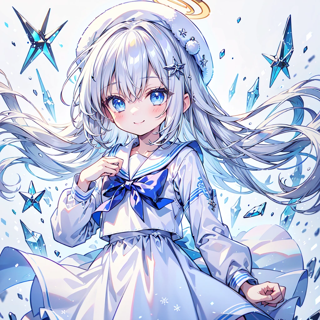 1girl,Handsome face、 best detail 、Baby Face、 absurd、Mysterious、((( perfect anatomy、The best composition、Best Quality, masterpiece, HHD、8K Official Wallpaper , Super detailed、3Ⅾ))),Thin Line Hair 、Milky white hair color、 high definition、 absurdな, lens flare ,(White Theme:1.1),(Halftone:1.2), Dynamic Angle, depth of field , (White background:1.2), (Broken Clear Glass :1.1), Glass Flag ,Transparent Quartz,gothic,  BREAK Details Beautiful Girl ,Cute,(smile:1.1),Silky Hair,blue eyes, flat chest, upper body, Face Focus , watching viewers in the winter mountains ,(dowl hunting casket hat:1.1),Ribbon trim,( Blue Frilled Dress :1.2),Floating Hair,universe、star、流star群、Aurora、diamond、Simple Background、 chr457m45m3rg3d0nmn3m1c neon symmetry!! Halo 2 、fanxing、sailor's sailor uniform、