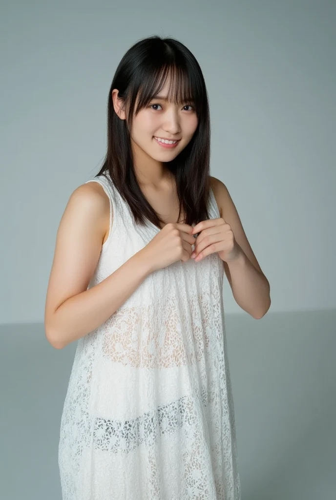 She is in a pose wearing a sexy camisole, making a firm big heart shape with both hands, and holding it in front of her chest, Cute smile up、Monotone background

