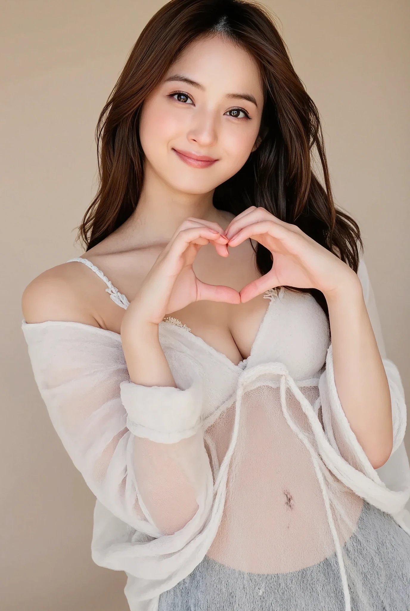 She is in a pose wearing a sexy camisole, making a firm big heart shape with both hands, and holding it in front of her chest, Cute smile up、Monotone background

