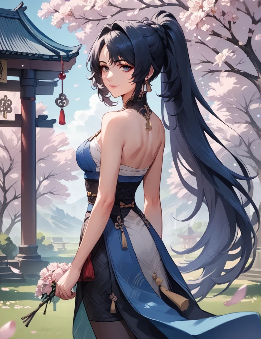 Long ponytail, score_9, score_8_up, score_7_up, 
rating_safe,source_anime,
y4ngy4ng, official_costume, bouquet, branch,  spring \(season\), looking at viewer, hands on back, detailed background,
seductive smile,
trees, cherry blossoms,
east asian architecture,
