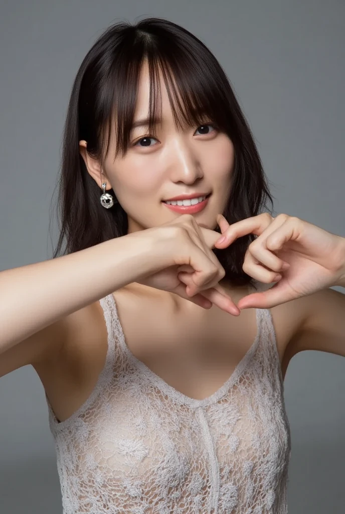 She is in a pose wearing a sexy camisole, making a firm big heart shape with both hands, and holding it in front of her chest, Cute smile up、Monotone background

