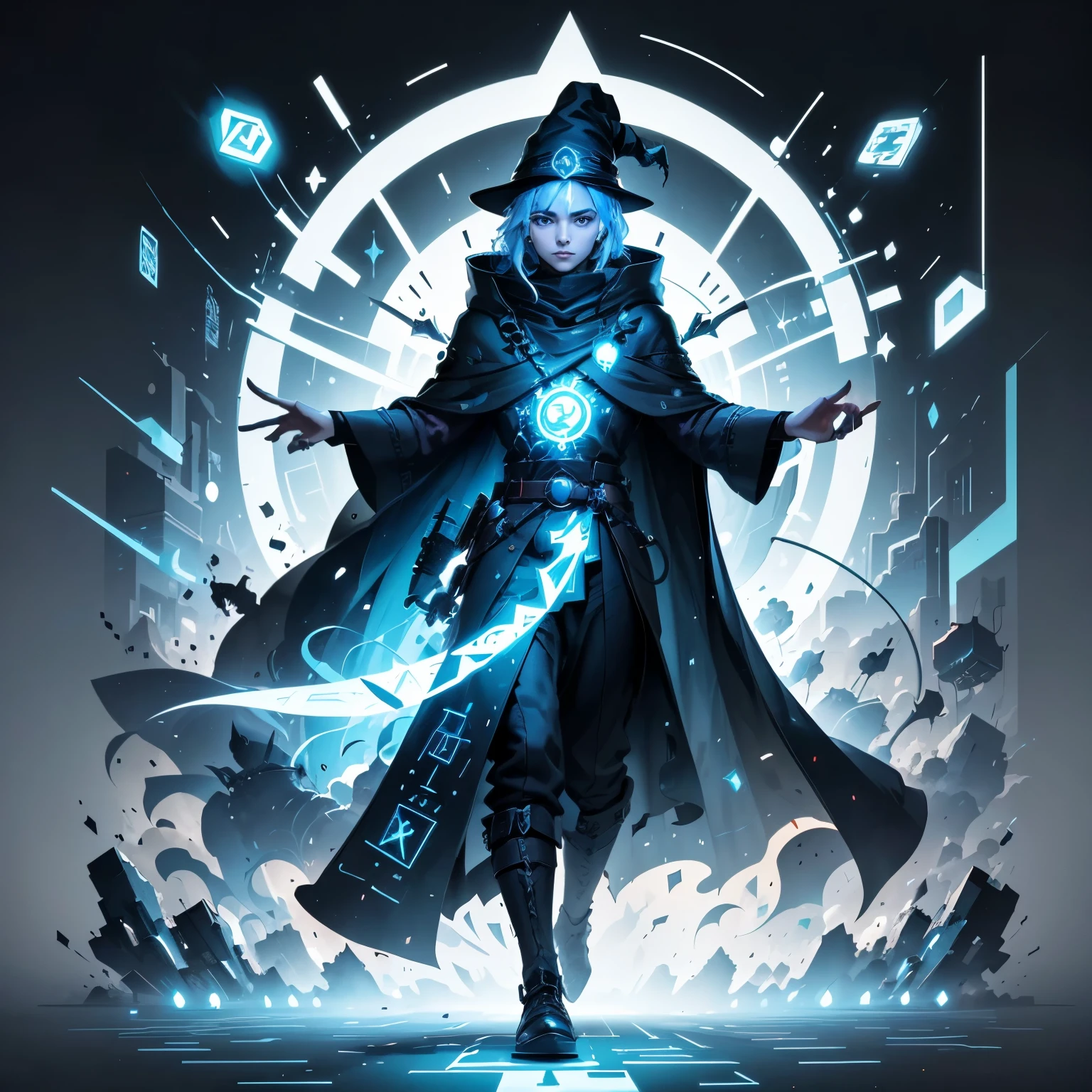  A stylized wizard with a cloak that mixes with a pattern of binary codes and circuits.  Fine lines draw the face and hat ,  while small runes and programming symbols float around it .  The print is in black with soft blue details , maintaining the light and minimalist look .