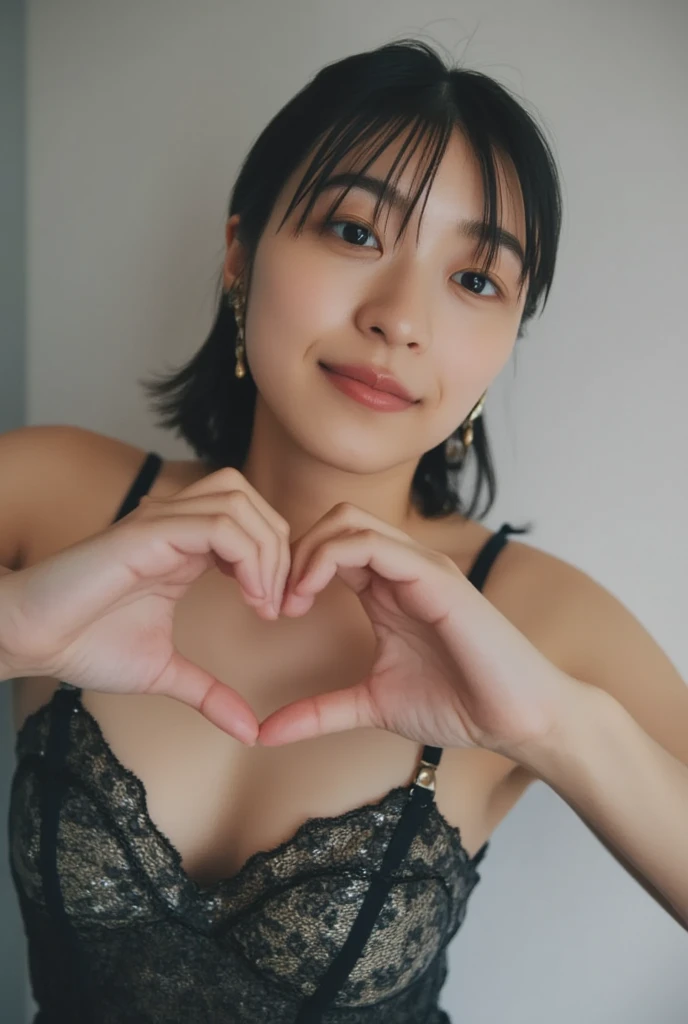 She is in a pose wearing a sexy camisole, making a firm big heart shape with both hands, and holding it in front of her chest, Cute smile up、Monotone background

