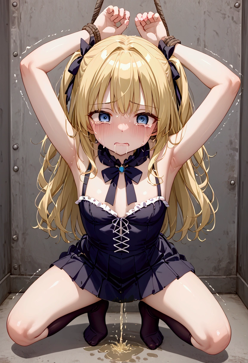 High image quality 、masterpiece、  high quality、Full HD、4K、Inorganic room、Jail、Both hands tied、Hands above head、 Put Your Hands Together 、 stand on all fours、Blonde、Blue eyes 、 remove eye highlights 、 the inside of the eye becomes darker 、White brim、White tops、corset、Torn black skirt、Small breasts、Peeing、Semen to the head and body、trembling、Feelings of despair、Scared、Crying face、tears