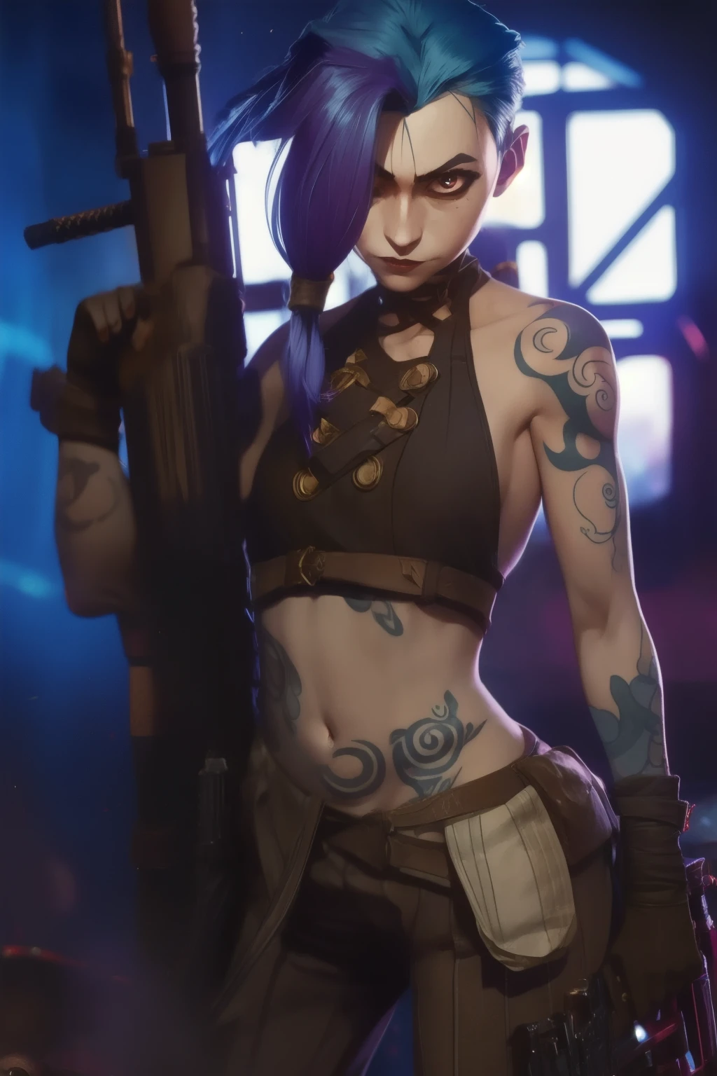 Jinx, Half body shot . Best quality, holding gun, tattoo:0.35, detailed, intricate, 4K.