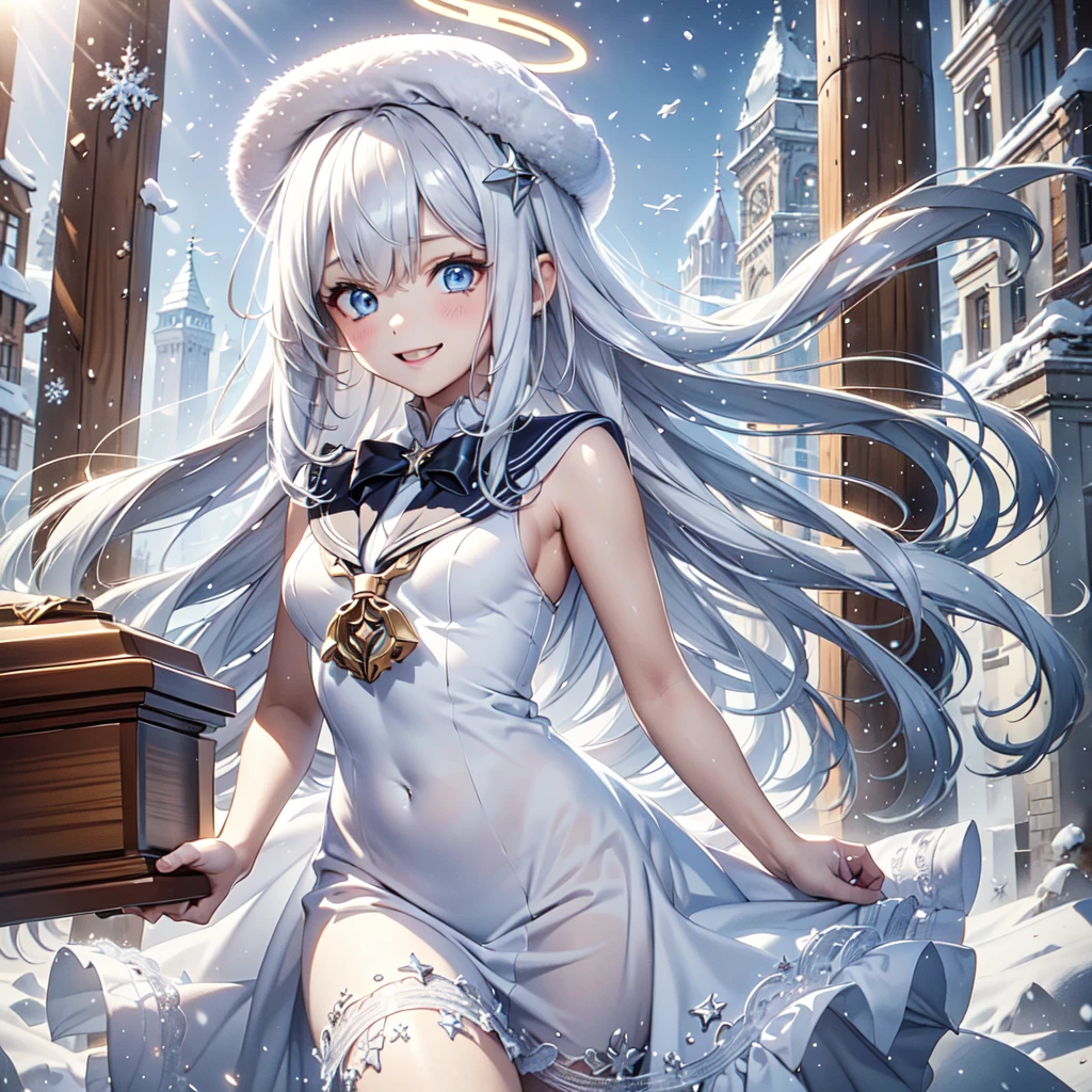 1girl,Handsome face、 best detail 、Baby Face、 absurd、Mysterious、((( perfect anatomy、The best composition、Best Quality, masterpiece, HHD、8K Official Wallpaper , Super detailed、3Ⅾ))),Thin Line Hair 、Milky white hair color、 high definition、 absurdな, lens flare ,(White Theme:1.1),(Halftone:1.2), Dynamic Angle, depth of field , (White background:1.2), (Broken Clear Glass :1.1), Glass Flag ,Transparent Quartz,gothic,  BREAK Details Beautiful Girl ,Cute,(smile:1.1),Silky Hair,blue eyes, flat chest, upper body, Face Focus , watching viewers in the winter mountains ,(dowl hunting casket hat:1.1),Ribbon trim,( Blue Frilled Dress :1.2),Floating Hair,universe、star、流star群、Aurora、diamond、Simple Background、 chr457m45m3rg3d0nmn3m1c neon symmetry!! Halo 2 、fanxing、sailor's sailor uniform、