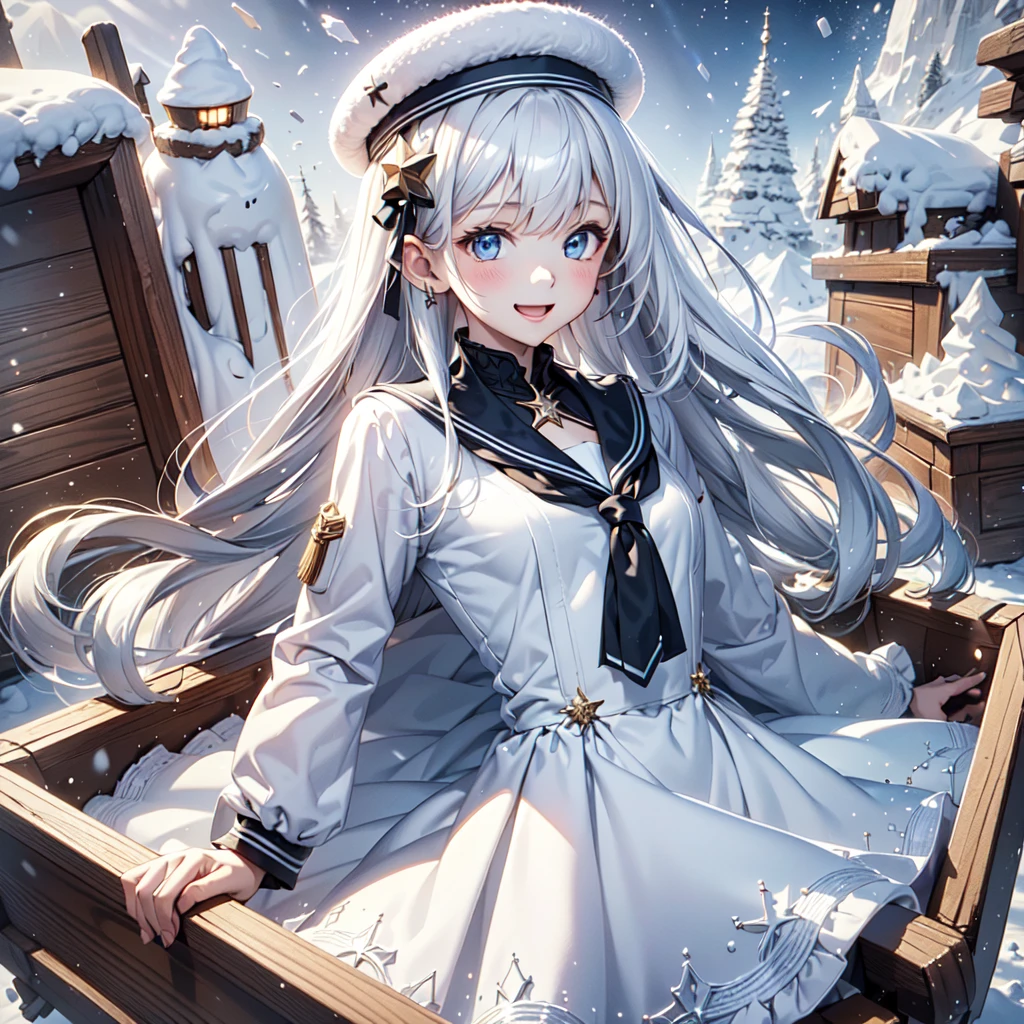 1girl,Handsome face、 best detail 、Baby Face、 absurd、Mysterious、((( perfect anatomy、The best composition、Best Quality, masterpiece, HHD、8K Official Wallpaper , Super detailed、3Ⅾ))),Thin Line Hair 、Milky white hair color、 high definition、 absurdな, lens flare ,(White Theme:1.1),(Halftone:1.2), Dynamic Angle, depth of field , (White background:1.2), (Broken Clear Glass :1.1), Glass Flag ,Transparent Quartz,gothic,  BREAK Details Beautiful Girl ,Cute,(smile:1.1),Silky Hair,blue eyes, flat chest, upper body, Face Focus , watching viewers in the winter mountains ,(dowl hunting casket hat:1.1),Ribbon trim,( Blue Frilled Dress :1.2),Floating Hair,universe、star、流star群、Aurora、diamond、Simple Background、 chr457m45m3rg3d0nmn3m1c neon symmetry!! Halo 2 、fanxing、sailor's sailor uniform、