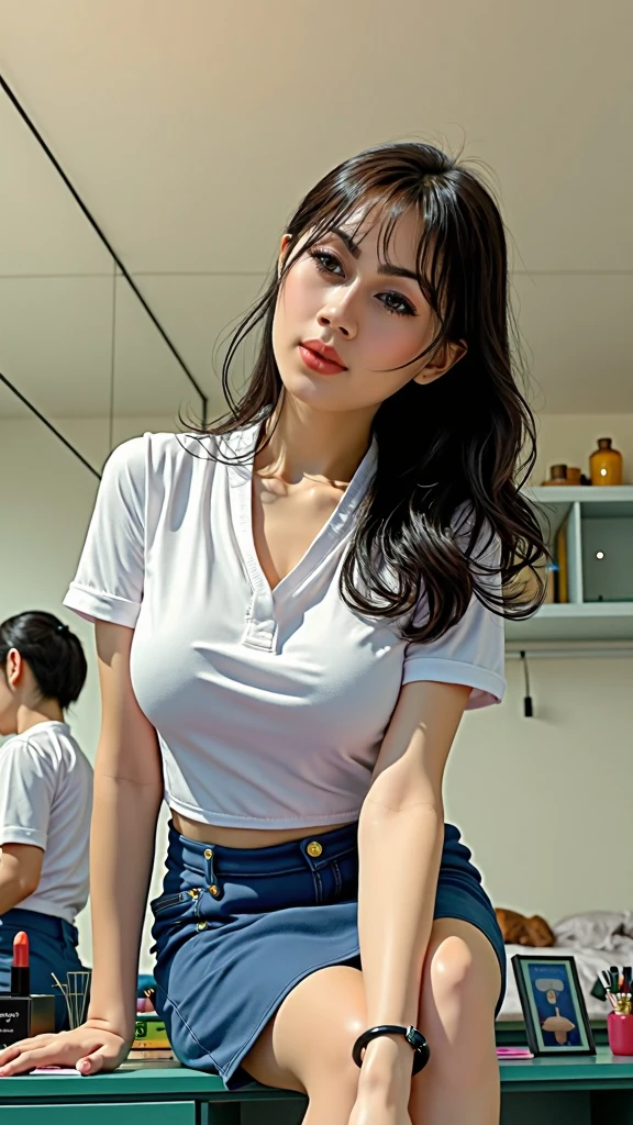 ((Short white T-shirt)), ((Wearing navy blue bloomers)), Very detailed clarity, (beautiful girl, Delicate girl:1.3), (:1.3), (Symmetrical eyes:1.3)(Browsing Caution)), ((Erect nipples)), Girls with nipples, Japanese, , short hair, Fair skin, Glowing Skin, (((Spread your legs))), (Sweaty skin), ((Short white T-shirt)), ((Wearing navy blue bloomers)), locker room, Cute pose, (masterpiece, highest quality, Very detailed, Detailed face, 8k)

