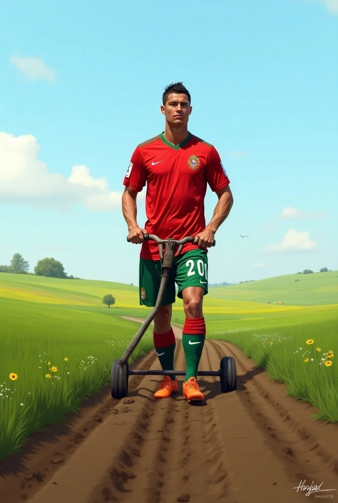 Ronaldo with his team jersey ploughing a field