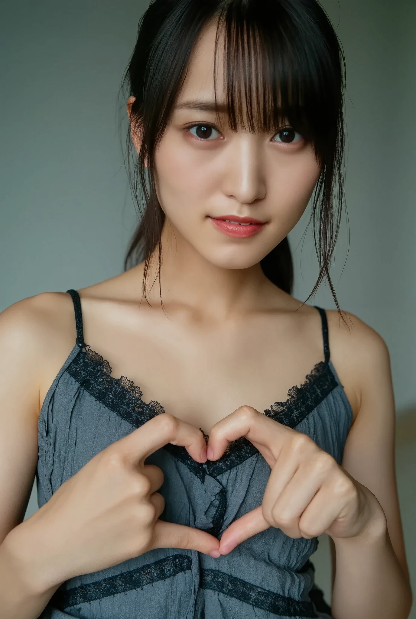 She is in a pose wearing a sexy camisole, making a firm big heart shape with both hands, and holding it in front of her chest, Cute smile up、Monotone background

