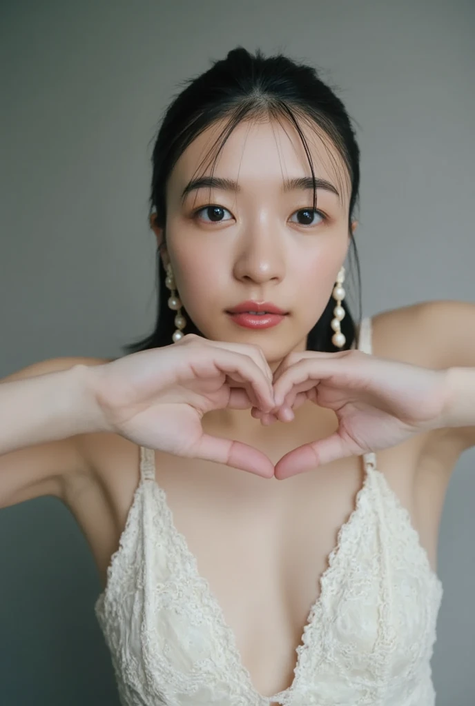 She is in a pose wearing a sexy camisole, making a firm big heart shape with both hands, and holding it in front of her chest, Cute smile up、Monotone background

