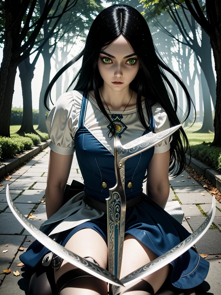 (masterpiece, best quality)
AliceHorror, 1girl, solo, green eyes, knife,  black hair, long hair, gloves, weapon, Alice Liddell (Alice in Wonderland), adult, nacked, big , vegina,  kneeling 
