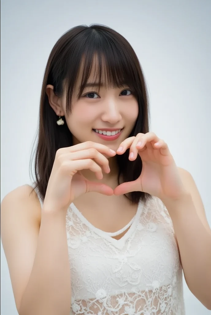 She is in a pose wearing a sexy camisole, making a firm big heart shape with both hands, and holding it in front of her chest, Cute smile up、Monotone background

