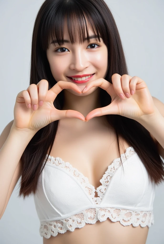 She is in a pose wearing a sexy camisole, making a firm big heart shape with both hands, and holding it in front of her chest, Cute smile up、Monotone background

