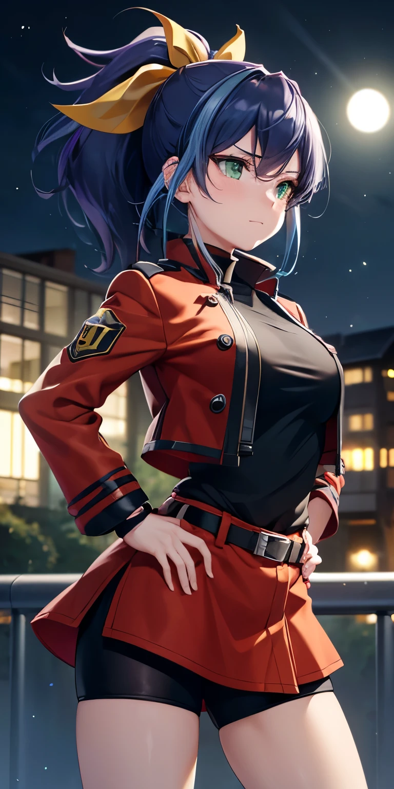 1 Female,High definition,high resolution,Ultra-realistic,8K, aaserena, ponytail,(multicolored hair),green eyes,black shirt,jacket,belt,red skirt,(shorts under skirt), tight skirt, miniskirt,European,sexy,Upper body close-up,Photographed from the front,Dynamic Angles,private teacher,blush, medium tits ,outdoors, moonlight, dark sky, buildings,full body,4k, ultra high definition, perfect face, detailed face , (isometric profile view), standing ,(hands on hips),(pov, closed shot:1.2) ,thinking