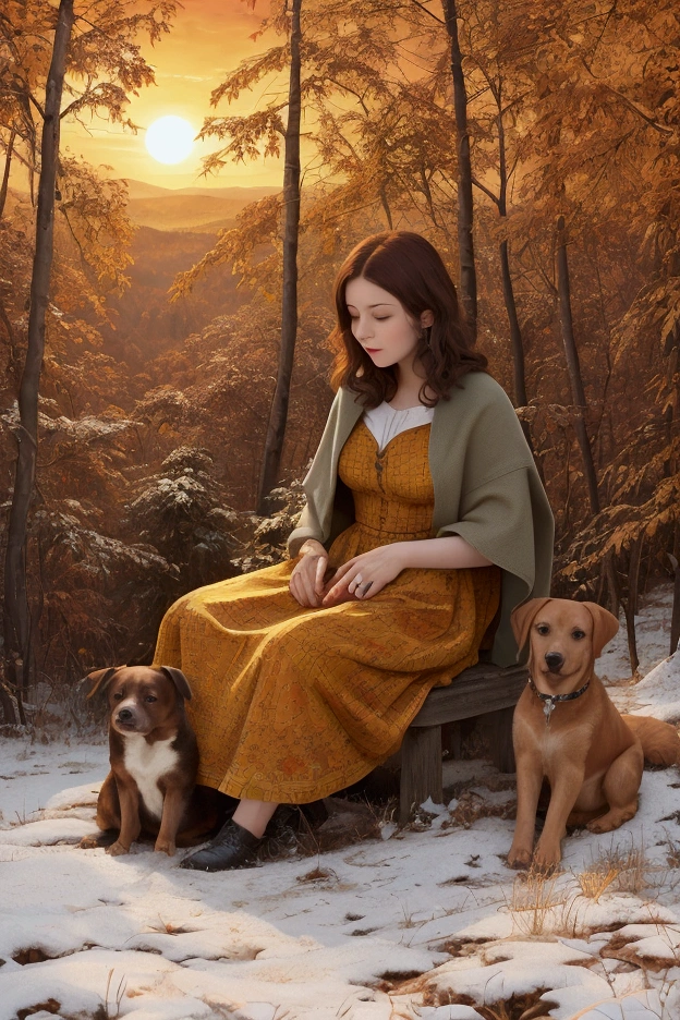 Breathtaking, rough impasto colourful acrylic art in the style of Amanda Clark, Jacek Yerka, Benjamin Lacombe and Amanda Sage. In the clearing of a chestnut forest, late autumn, a woman is sitting with her labrador dog, brown, and sews a wide patchwork blanket, with irregular triangles textures, warm colors, ochre browns, red. In the background a large valley with high snowy mountains. Sun disc, with textures of irregular rectangles.
