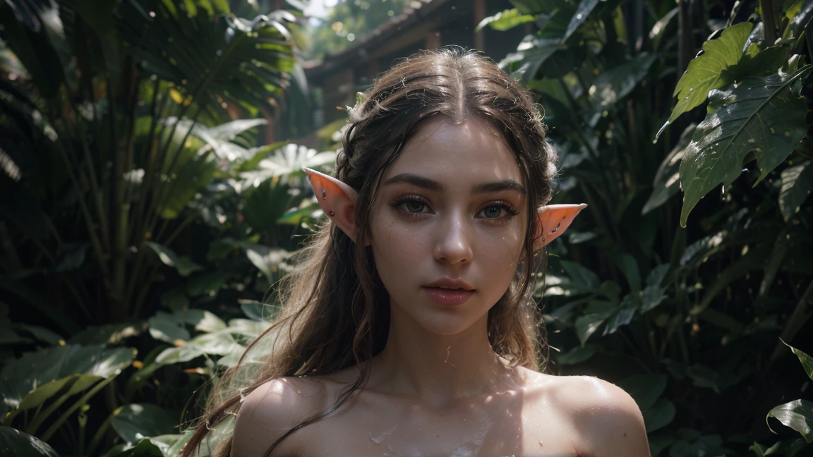 a beautiful elf with pointed ears, wings made of cannabis leaves, wearing wet transparent white clothing, detailed face and eyes, beautiful detailed lips, extremely detailed face, long eyelashes, flowing hair, ethereal, fantasy, cinematic lighting, glowing, dramatic, vibrant colors, intricate details, photorealistic, 8k, (best quality,4k,8k,highres,masterpiece:1.2),ultra-detailed,(realistic,photorealistic,photo-realistic:1.37),HDR,UHD,studio lighting,ultra-fine painting,sharp focus,physically-based rendering,extreme detail description,professional,vivid colors,bokeh