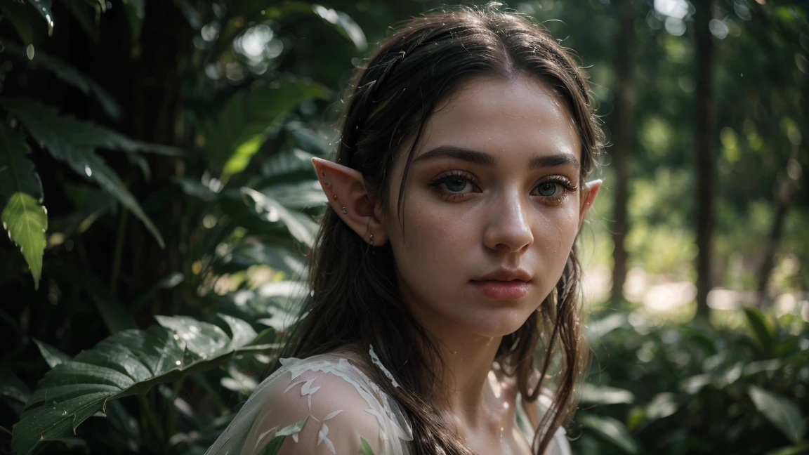 a beautiful elf with pointed ears, green wings made of cannabis leaves, wearing wet transparent white clothing, detailed face and eyes, beautiful detailed lips, extremely detailed face, long eyelashes, flowing hair, ethereal, fantasy, cinematic lighting, glowing, dramatic, vibrant colors, intricate details, photorealistic, 8k, (best quality,4k,8k,highres,masterpiece:1.2),ultra-detailed,(realistic,photorealistic,photo-realistic:1.37),HDR,UHD,studio lighting,ultra-fine painting,sharp focus,physically-based rendering,extreme detail description,professional,vivid colors,bokeh