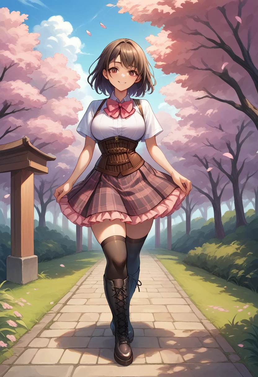 score_9, score_8_up, score_7_up, source_anime, 1girl, solo, hair, medium hair, eyes, large breasts, LudobicoUniformBase, bowtie, shirt, short sleeves, corset, plaid skirt, frilled skirt, thighhighs, knee boots, smile, outdoors, cherry blossom tree, full body Black red blue pink