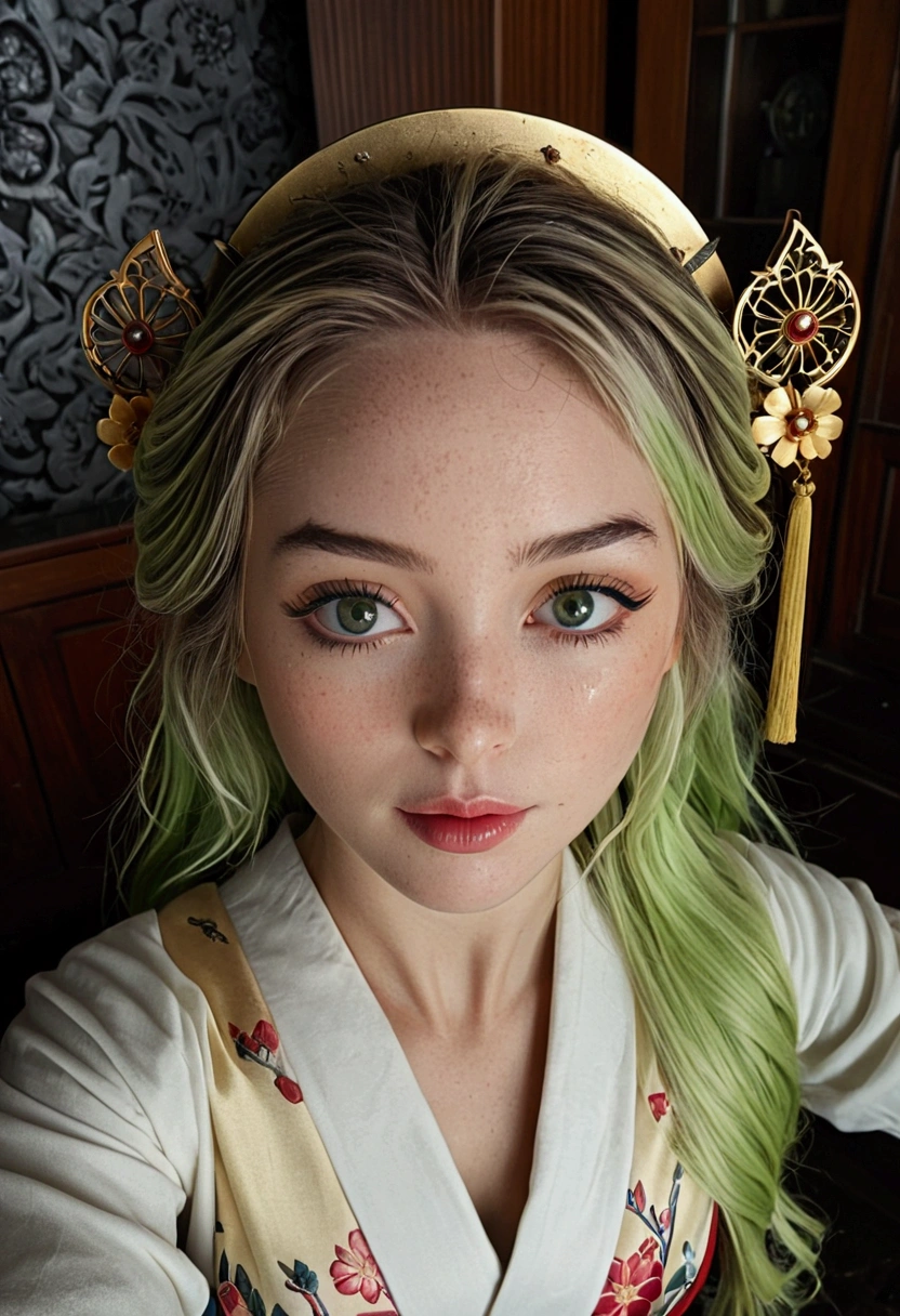 Ultra highres.photorealistic:.1.4, UHD, (UHD:1.4), Ultra realistic, realistic skin, real skin, natural skin, A photorealistic portrait of A woman with a hourglass figure, showcasing a DD cup bustline, with ultra-realistic, natural skin, showcasing an incredibly detailed and realistic complexion, as if captured in a high-resolution, UHD (1.4) photograph, (selfie:1.4), A stunning, photorealistic portrait, captured from directly above, dressed A stunning yet sinister woman inspired by Daki from Demon Slayer, with long flowing hair that fades to pastel green at the tips, adorned with delicate floral hair ornaments. fitting her role as a high-ranking courtesan in the entertainment district. Her eyes are striking, with kanji symbols reflecting her rank, exuding a cold, dangerous charm. Her sash unfurls around her, sharp and graceful, giving the sense of a deadly weapon. selfie from above in a regale room . with (one arm raised behind her head:1), realistic skin, with ultra-realistic details and texture, as if taken with an Ultra High-Definition camera, highlighting every curve and nuance of her captivating features. selfie, high angle, Ultra highres.photorealistic:.1.4, UHD, (UHD:1.4), Ultra realistic, (realistic skin:1.2), (real skin:1.2), (natural skin:1.2), A photo-realistic portrait of A woman with a hourglass figure, with ultra-realistic, natural skin, showcasing an incredibly detailed and realistic complexion, as if captured in a high-resolution, UHD (1.4) photograph. A photo realistic.
