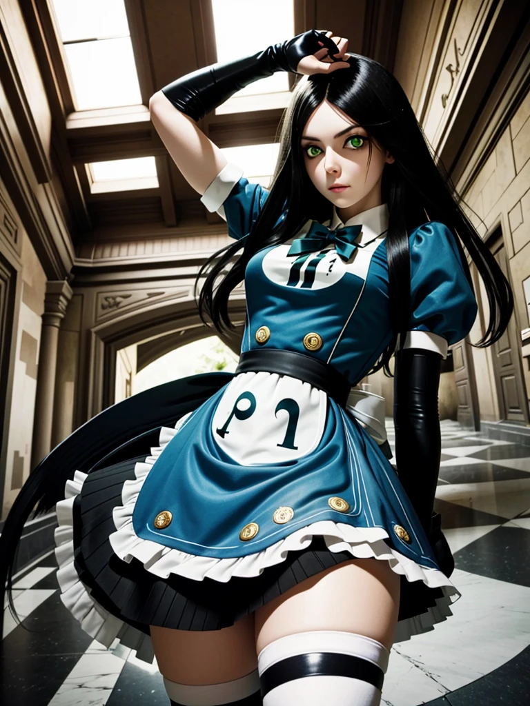 (masterpiece, best quality)
AliceHorror, 1girl, solo, green eyes, black hair, long hair, gloves, Alice Liddell (Alice in Wonderland), adult, big , vegina
