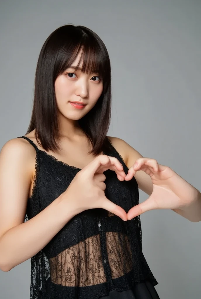 She is in a pose wearing a sexy camisole, making a firm big heart shape with both hands, and holding it in front of her chest, Cute smile up、Monotone background

