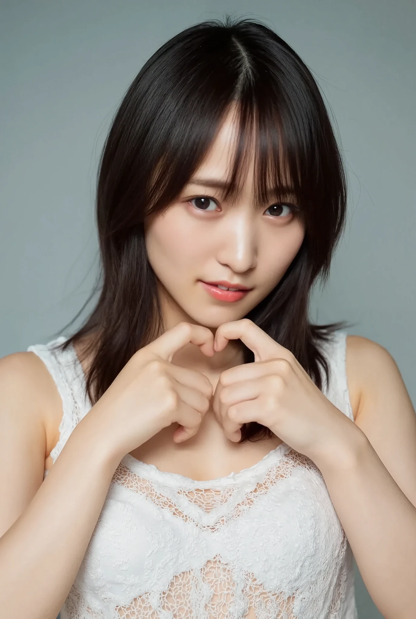 She is in a pose wearing a sexy camisole, making a firm big heart shape with both hands, and holding it in front of her chest, Cute smile up、Monotone background

