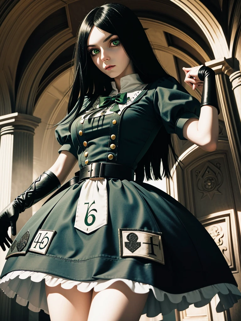 (masterpiece, best quality)
AliceHorror, 1girl, solo, green eyes, black hair, long hair, gloves, Alice Liddell (Alice in Wonderland), adult, big , vegina
