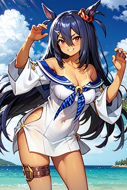 Hishi Amazon、One person、 girl、best quality, blue sky, sailor collar, wide sleeves,  blue neckerchief, white shirt, sailor dress, thigh strap, blue footwear, tanlines, bikini tan, off shoulder, cleavage, bare shoulders,smug,grin