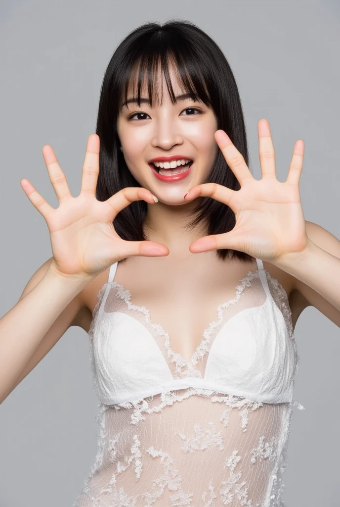 She is in a pose wearing a sexy camisole, making a firm big heart shape with both hands, and holding it in front of her chest, Cute smile up、Monotone background

