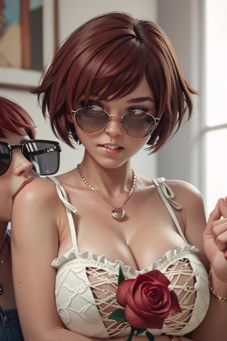 score_9, score_8_up, score_7_up, 1 teenage girl, (short rose hair:1.4), huge breasts, rose lace lingerie, (standing casually), (portrait),bracelet,necklace,sunglasses, biting in a rose flower