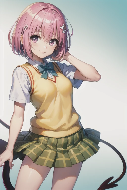 Momo Deviluke, Hair Flowers,  Hair Accessory ,  purple eyes、 Pink Hair, short hair, Tail,demon Tail, sainan high school uniform,  white shirt , Sweater vest, (Yellow vest:1.1), Short sleeve,  Plaid Skirt ,  green skirt, Short sleeve, highest quality,light smile