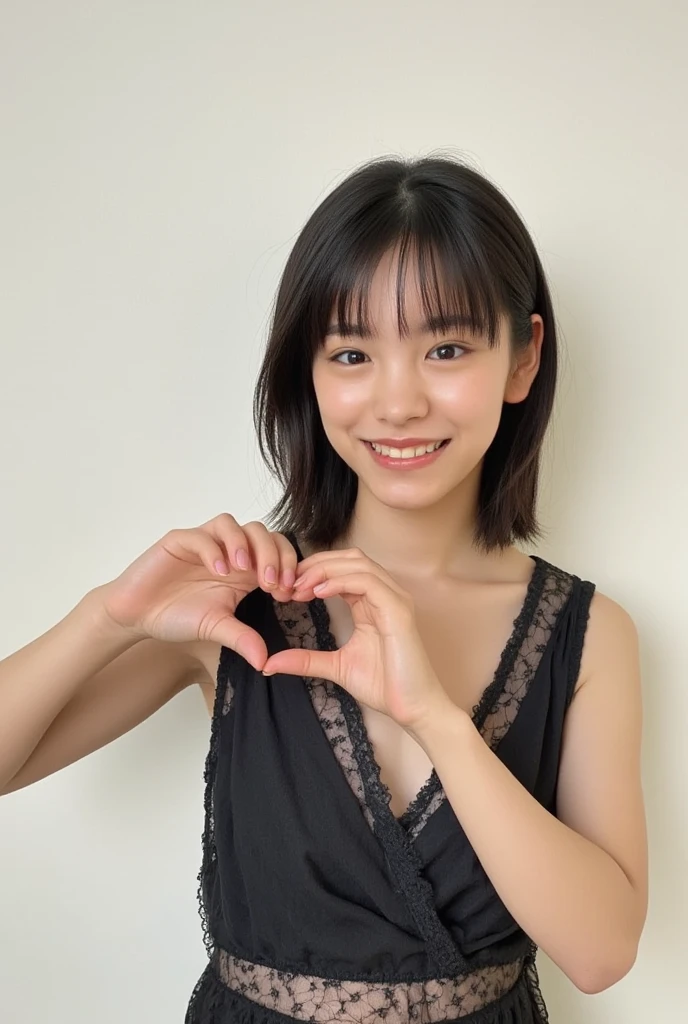 She is in a pose wearing a sexy camisole, making a firm big heart shape with both hands, and holding it in front of her chest, Cute smile up、Monotone background

