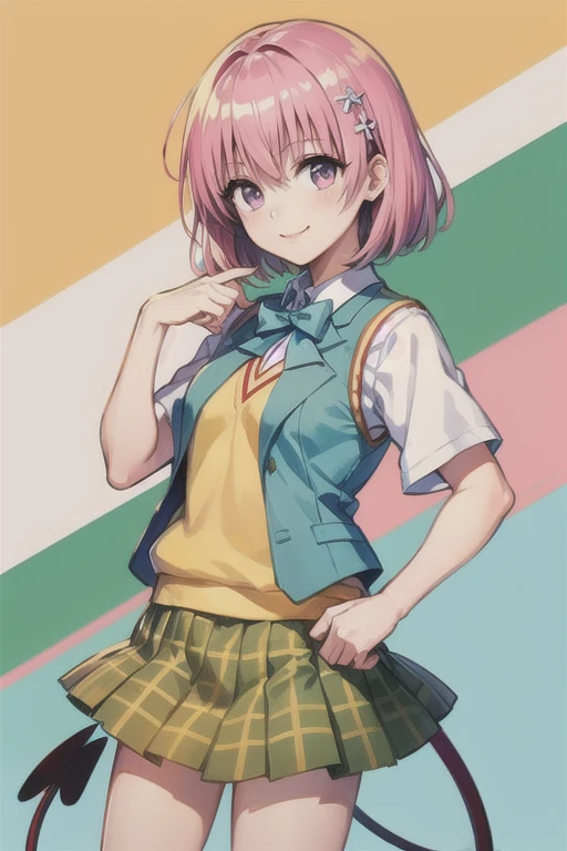 Momo Deviluke, Hair Flowers,  Hair Accessory ,  purple eyes、 Pink Hair, short hair, Tail,demon Tail, sainan high school uniform,  white shirt , Sweater vest, (Yellow vest:1.1), Short sleeve,  Plaid Skirt ,  green skirt, Short sleeve, highest quality,light smile