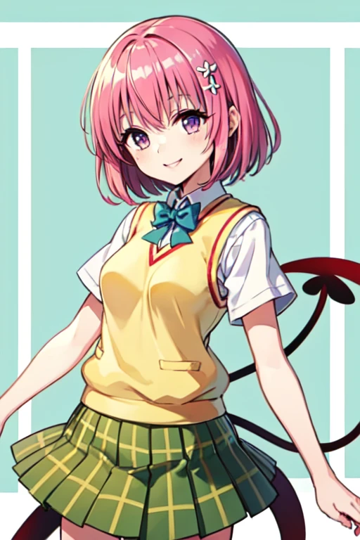 Momo Deviluke, Hair Flowers,  Hair Accessory ,  purple eyes、 Pink Hair, short hair, Tail,demon Tail, sainan high school uniform,  white shirt , Sweater vest, (Yellow vest:1.1), Short sleeve,  Plaid Skirt ,  green skirt, Short sleeve, highest quality,light smile