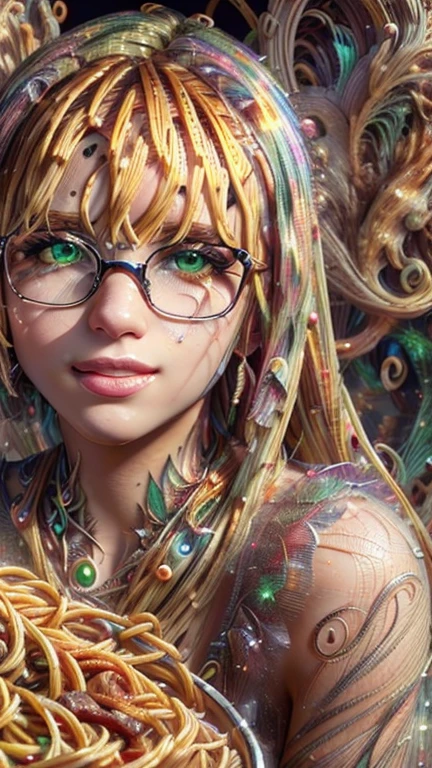 portrait,  close-up,  upper body. Short, red hair, (green eyes:1.5),  metal frame glasses , green strapless dress, smiling girl  . (masterpiece,  top quality,  Best quality,  official art,  beautiful and aesthetic :1.2),  Extremely detailed ,( fractal art:1.2),Colorful,The most detailed, ( dynamic pose), (spaghetti background :1.5), ( Lots of spaghetti :1.4). ((SPLIT.  skin texture , shiny skin. elegance. photorealism.  unreal engine .  3d Model.  Ultra high quality textures.  high detail.  8k resolution))